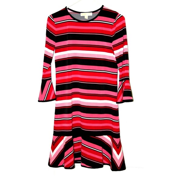 Michael Kors Dresses & Skirts - Michael Kors Women's Multi Stripe Pink Black Red Flounce Hem Knit Dress Size S